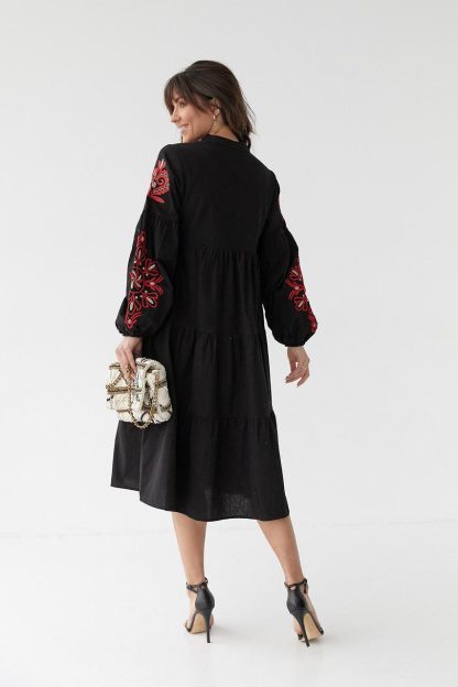 Black Boho Embroidered Midi Dress with Red Floral Accents - Image 5