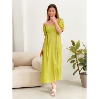 Lime Green Square Neck Puff Sleeve Midi Dress