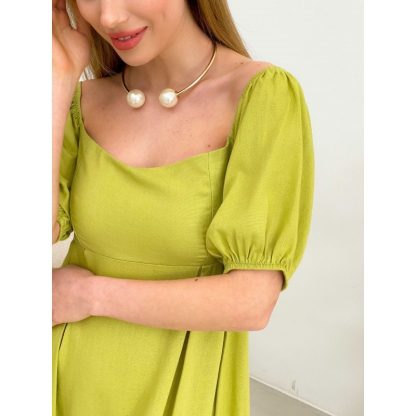 Lime Green Square Neck Puff Sleeve Midi Dress - Image 2