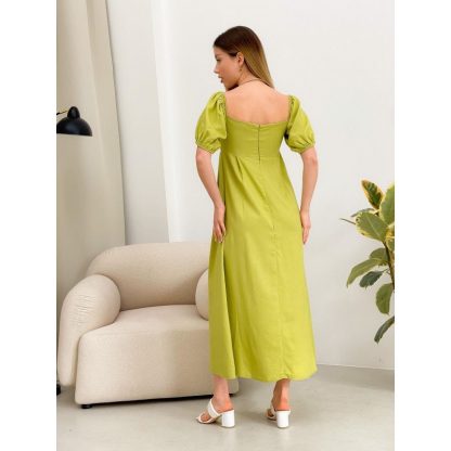 Lime Green Square Neck Puff Sleeve Midi Dress - Image 5