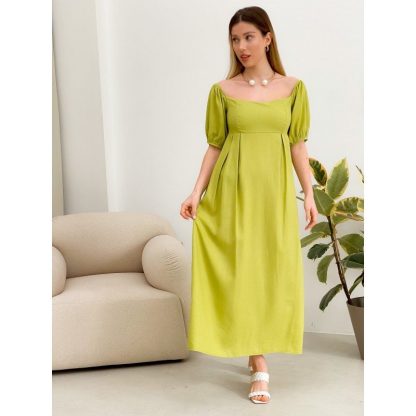 Lime Green Square Neck Puff Sleeve Midi Dress - Image 3