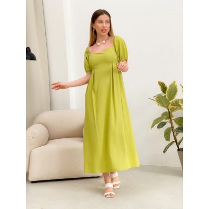 Lime Green Square Neck Puff Sleeve Midi Dress - Image 4