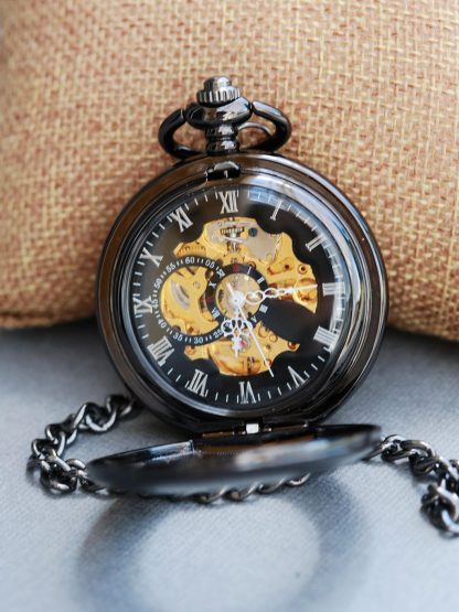 Vintage luxury black skeleton mechanical pocket watch