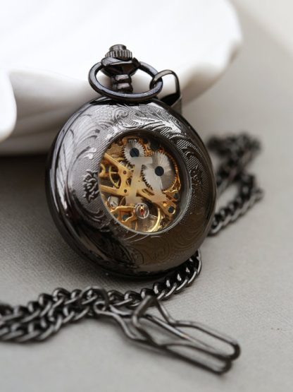 Vintage luxury black skeleton mechanical pocket watch - Image 4