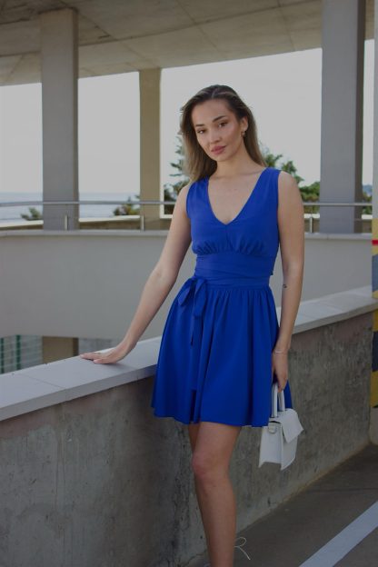 Vibrant Blue Sleeveless Wrap Mini Dress - Image 3