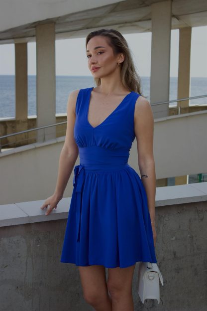 Vibrant Blue Sleeveless Wrap Mini Dress - Image 2