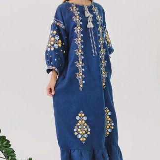 Navy Blue Embroidered Maxi Dress with Tassel Detail