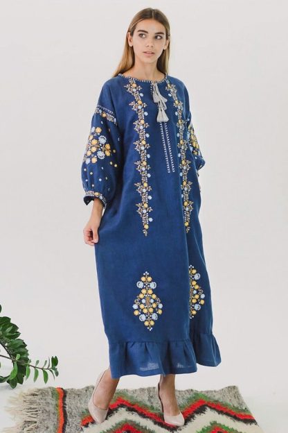 Navy Blue Embroidered Maxi Dress with Tassel Detail