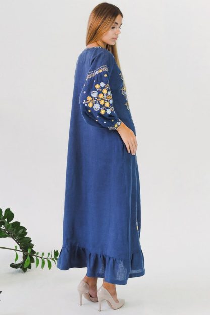 Navy Blue Embroidered Maxi Dress with Tassel Detail - Image 3