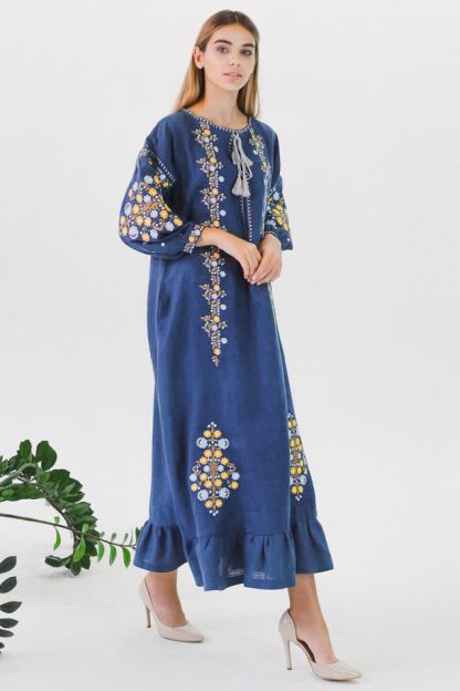 Navy Blue Embroidered Maxi Dress with Tassel Detail - Image 4