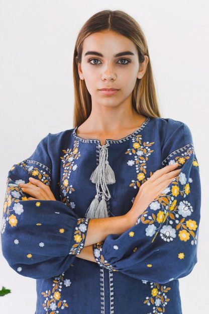 Navy Blue Embroidered Maxi Dress with Tassel Detail - Image 5