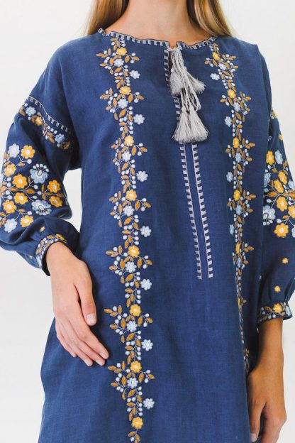 Navy Blue Embroidered Maxi Dress with Tassel Detail - Image 6