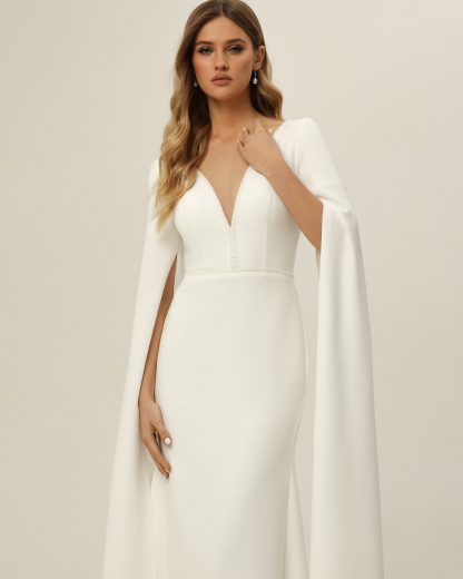 Cape Long Sleeve Satin Wedding Dress - Image 6
