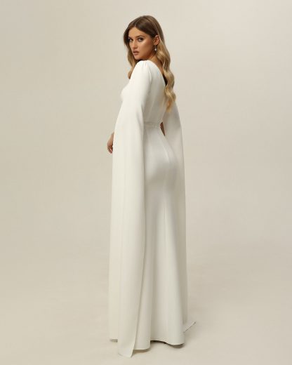 Cape Long Sleeve Satin Wedding Dress - Image 4