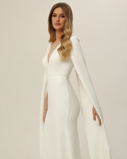 Cape Long Sleeve Satin Wedding Dress - Image 3