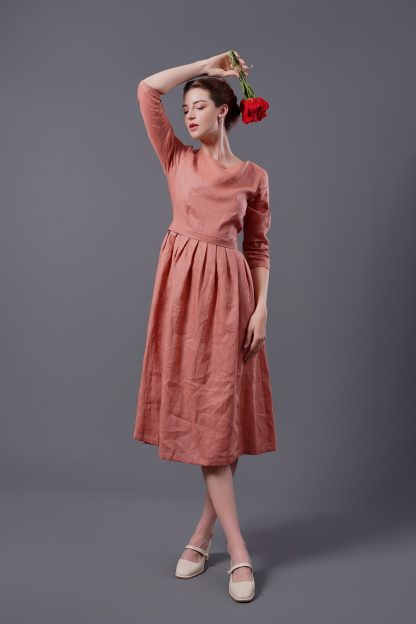 Artistic linen dress with mid-length sleeves