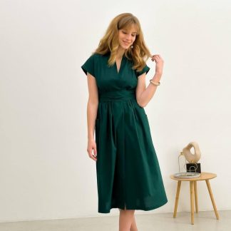 Emerald Green V-Neck Midi Dress