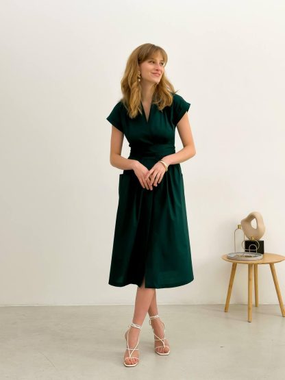 Emerald Green V-Neck Midi Dress - Image 3