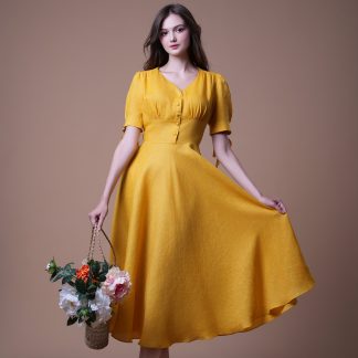 Retro Hepburn style yellow V-neck waist dress
