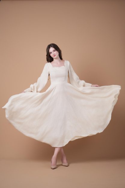 French Square Neck Puff Sleeve Dress - Image 8