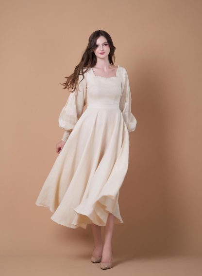 French Square Neck Puff Sleeve Dress