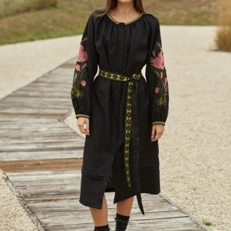 Black Embroidered Folk Dress with Pink Floral Sleeves