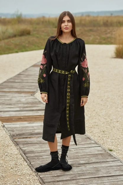 Black Embroidered Folk Dress with Pink Floral Sleeves