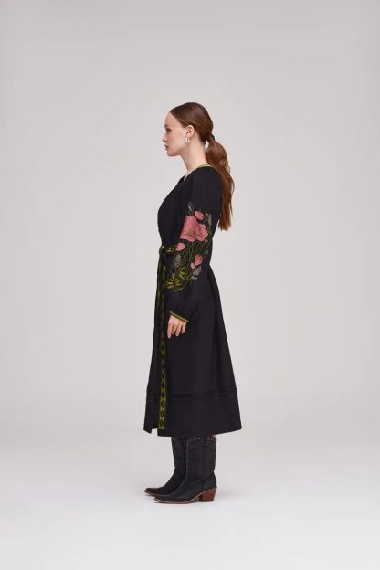Black Embroidered Folk Dress with Pink Floral Sleeves - Image 3