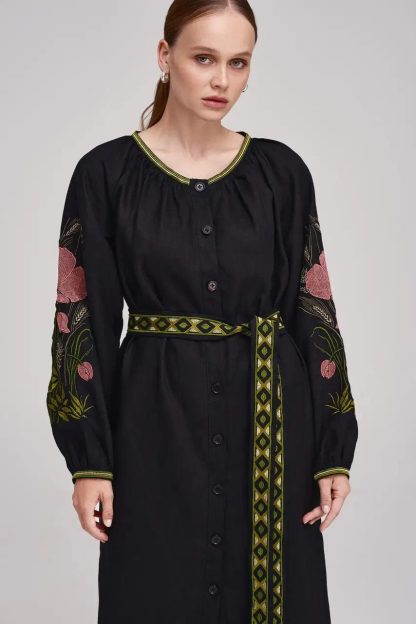 Black Embroidered Folk Dress with Pink Floral Sleeves - Image 4