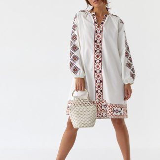 White Mini Dress with Geometric Folk Embroidery
