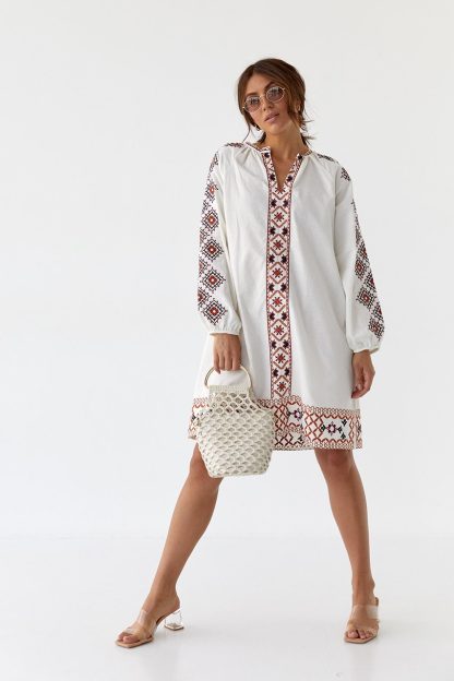 White Mini Dress with Geometric Folk Embroidery