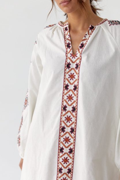 White Mini Dress with Geometric Folk Embroidery - Image 4