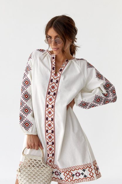 White Mini Dress with Geometric Folk Embroidery - Image 5
