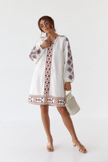 White Mini Dress with Geometric Folk Embroidery - Image 6