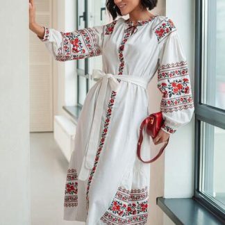 White Folk Embroidered Midi Dress with Red Floral Patterns