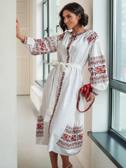 White Folk Embroidered Midi Dress with Red Floral Patterns