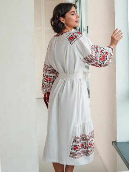 White Folk Embroidered Midi Dress with Red Floral Patterns - Image 4