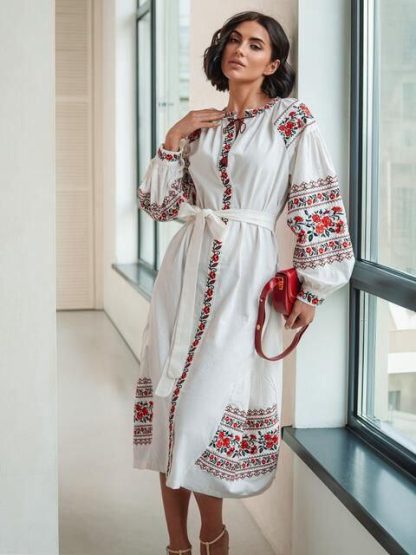 White Folk Embroidered Midi Dress with Red Floral Patterns - Image 2