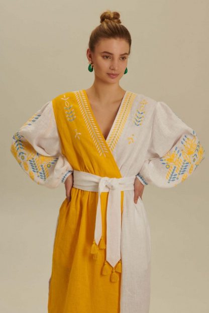 Yellow and White Embroidered Folk Wrap Dress - Image 2