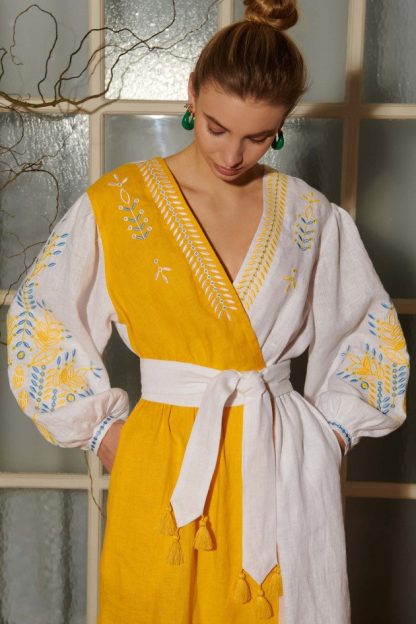 Yellow and White Embroidered Folk Wrap Dress - Image 3