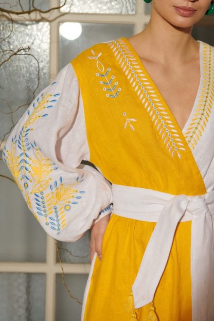 Yellow and White Embroidered Folk Wrap Dress - Image 4