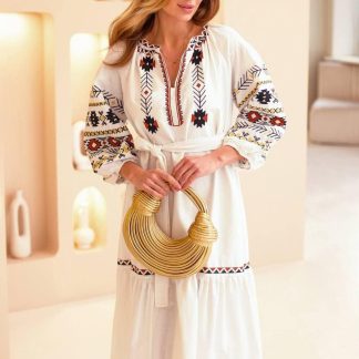 White Folk Embroidered Midi Dress with Belt
