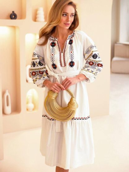 White Folk Embroidered Midi Dress with Belt