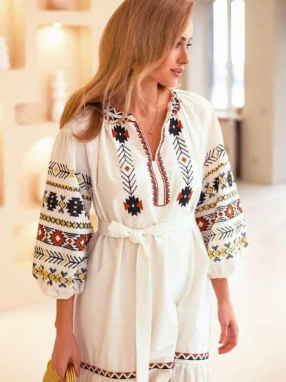 White Folk Embroidered Midi Dress with Belt - Image 3