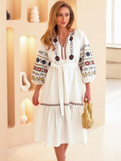 White Folk Embroidered Midi Dress with Belt - Image 4