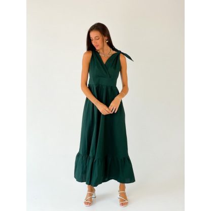 Deep Green Sleeveless Maxi Dress with Bow Shoulder
