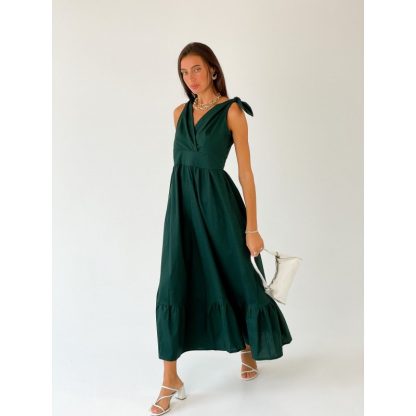 Deep Green Sleeveless Maxi Dress with Bow Shoulder - Image 2
