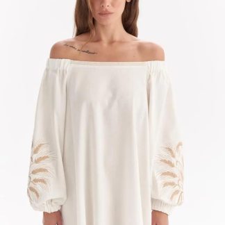 White Off-Shoulder Mini Dress with Embroidered Balloon Sleeves