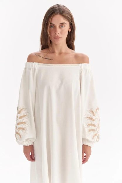 White Off-Shoulder Mini Dress with Embroidered Balloon Sleeves
