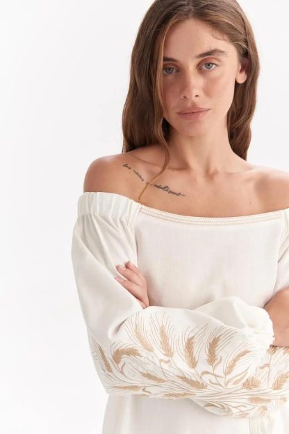 White Off-Shoulder Mini Dress with Embroidered Balloon Sleeves - Image 4